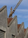 Industrial archeology buildings in the city of Busto Arsizio. Facade of ancient factory shed. Construction crane Royalty Free Stock Photo