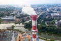 Industrial area of Wroclaw - smoke comes out of the chimneys of the power plant. View from the top, in the evening