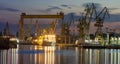 Industrial areas, shipyard and port after sunset - Szczecin, Pol