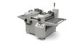 Industrial automated sheet cutter machine with conveyor and control panel on white Royalty Free Stock Photo