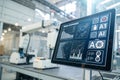 Industrial automation control screen displaying real-time data and robotic arm in background Royalty Free Stock Photo