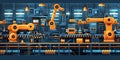 Industrial automation in full swing, with robots handling assembly tasks in a factory, an array of industrial robots in operation