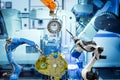 Industrial automation robotic teamwork working with auto parts on smart factory Royalty Free Stock Photo