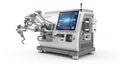 Automated Industrial System with Robotic Arm and Control Panel on White Background Featuring Advanced Technology for Manufacturing Royalty Free Stock Photo