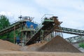 Industrial background - crusher rock stone crushing machine at open pit mining and processing plant for crushed stone, sand and Royalty Free Stock Photo