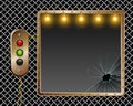 Industrial background. Metal frame. Brass buttons with illumination. Broken glass. Illumination by lamps.