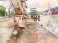 Industrial background. Portal cranes on the docks of an abandone