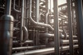 Industrial background. Steel tangled pipes. Boiler room texture. Backdrop with pipeline. Pipe labyrinth. Equipment for