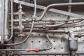 Industrial background - view of the mechanical units of an old steam locomotive, piece of machinery Royalty Free Stock Photo