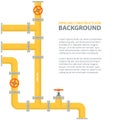 Industrial background with yellow pipeline. Oil, water or gas pipeline with fittings and valves.