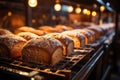 Industrial bakery: conveyor line at work, preparing many loaves of fresh bread