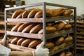 Industrial bakery with fresh bread on racks.