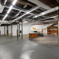 Industrial basement with concrete floors and exposed ductwork3, Generative AI