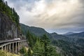 Industrial big rig semi truck transporting covered lumber cargo on flat bed semi trailer driving on the bridge on wet mountain Royalty Free Stock Photo