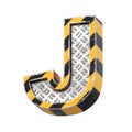 Industrial black and yellow striped metallic font, 3d rendering, letter J