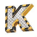 Industrial black and yellow striped metallic font, 3d rendering, letter K