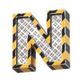 Industrial black and yellow striped metallic font, 3d rendering, letter N