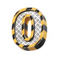 Industrial black and yellow striped metallic font, 3d rendering, number 0