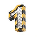 Industrial black and yellow striped metallic font, 3d rendering, number 1