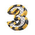 Industrial black and yellow striped metallic font, 3d rendering, number 3