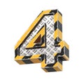 Industrial black and yellow striped metallic font, 3d rendering, number 4