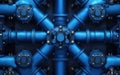 Industrial blue pipe network with multiple junctions in a symmetrical layout showcasing modern engineering Royalty Free Stock Photo