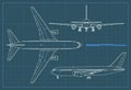 Industrial blueprint of airplane. Vector outline drawing plane on a blue background. Top, side and front view.