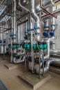 Industrial boiler interior with lots of pipes, pumps and valves