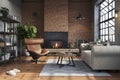 Industrial brick living room interior design. Loft Apartment with fireplace and hardwood flooring, 3d render Royalty Free Stock Photo