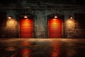 Industrial brick wall with two red garage doors illuminated by warm overhead lights Royalty Free Stock Photo