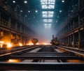 Industrial building inside. Interior of a metallurgical plant. Large dark factory floor. Generative AI