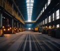 Industrial building inside. Interior of a metallurgical plant. Large dark factory floor. Generative AI