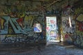 Industrial Building Interior with Colorful Graffiti