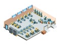 Industrial building. Isometric factory interior production heavy steel machines mechanic manufacturing equipment