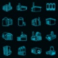 Industrial building plants and factories icons set vector neon