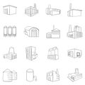 Industrial building plants and factories icons set vector outline