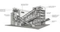 Industrial building schematic featuring conveyor systems for sorting materials. It has Royalty Free Stock Photo