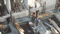 Industrial Building Workers Doing Job Raw Fundament Concrete Cement Using Tools Hard Job Labor Construction In Progress