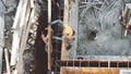 Industrial Building Workers Doing Job Raw Fundament Concrete Cement Using Tools Hard Job Labor Construction In Progress