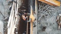 Industrial Building Workers Doing Job Raw Fundament Concrete Cement Using Tools Hard Job Labor Construction In Progress