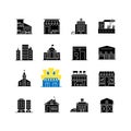 Industrial buildings fronts black glyph icons set on white space