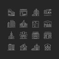 Industrial buildings fronts chalk white icons set on black background