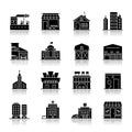 Industrial buildings fronts drop shadow black glyph icons set
