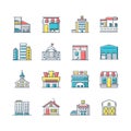 Industrial buildings fronts RGB color icons set Royalty Free Stock Photo