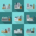 Industrial Buildings Long Shadow Flat Icons