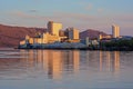 Industrial buildings of Stavanger harbor in sunset light