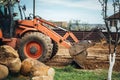 Industrial bulldozer details - working with soil on construction site