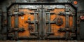 industrial bunker. massive metallic door and rusted walls background