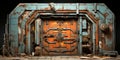 industrial bunker. massive metallic door and rusted walls background