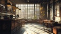Cozy Cafe Interior with Bar, Tables, and Natural Light Stream. Royalty Free Stock Photo